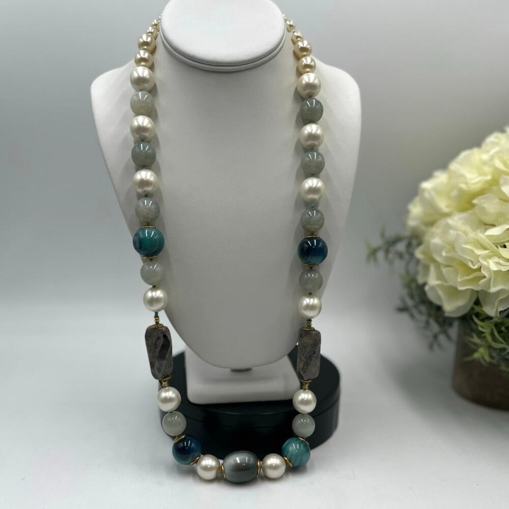 Ellelle Italy Designer Signed Hand Knotted Glass Faux Pearlโ Bead Blue Necklace